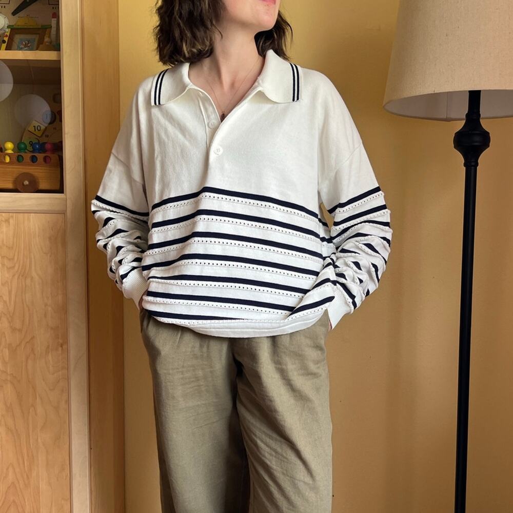The Upside White Blue Striped Organic Cotton Polo Pullover S